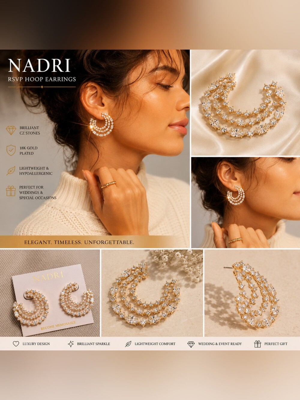 NADRI RSVP 18K Gold Plated Crystal Hoop Earrings Bridal Wedding Luxury
